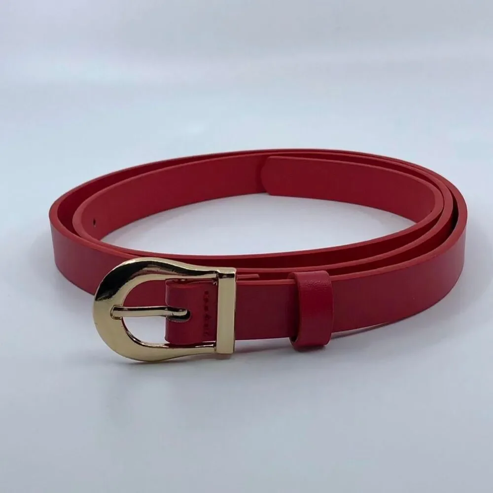 Women's Red Faux Leather Belt w/ Gold Buckle, Fits 34